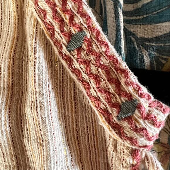 Johnny Was JW Workshop Blouse Women Small Tan Embroidered Sleeve Tassel Tie Boho - Picture 8 of 12